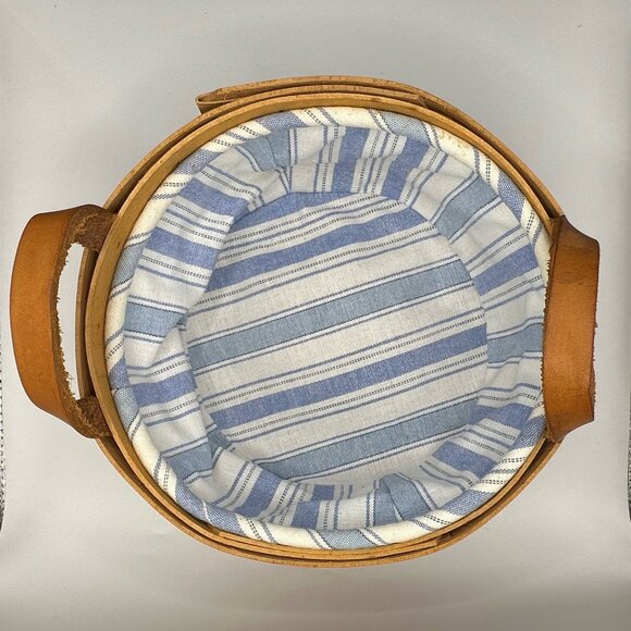 Longaberger Round Basket 1994 With Leather Handles Blue White Fabric Liner 6” - Picture 5 of 9